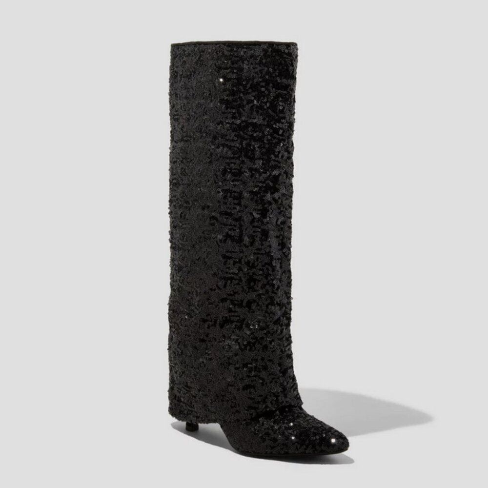 Women's Abba Sequin Foldover Heeled Boots - A New Day Black 6